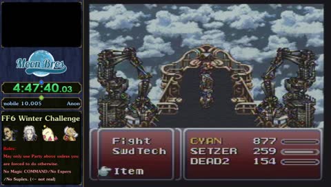 FF6 Winter Challenge - Cyan/Setzer/Mog/Strago - SMW 96 Exit Blind(ish) Race at 2 PM EST today [nosrl]