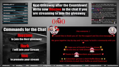 ๐ฅHost-Giveaways every 20min 24/7๐ฅ Join with !hostme ๐ Self promotion allowed โ
โญ24/25 Subs! โญ ๐ -> Free Prime Sub <- ๐
