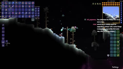 Today on Terraria we kill a rock, some worms, a fly, a fish, something indescribable, meat, and the moon
