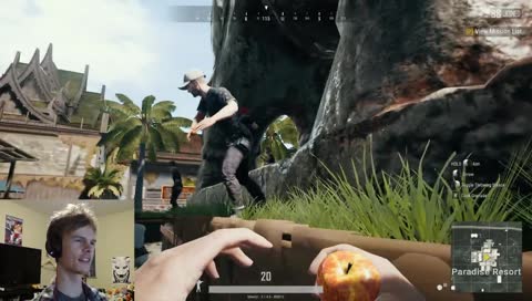 Ben fights somebody with apples